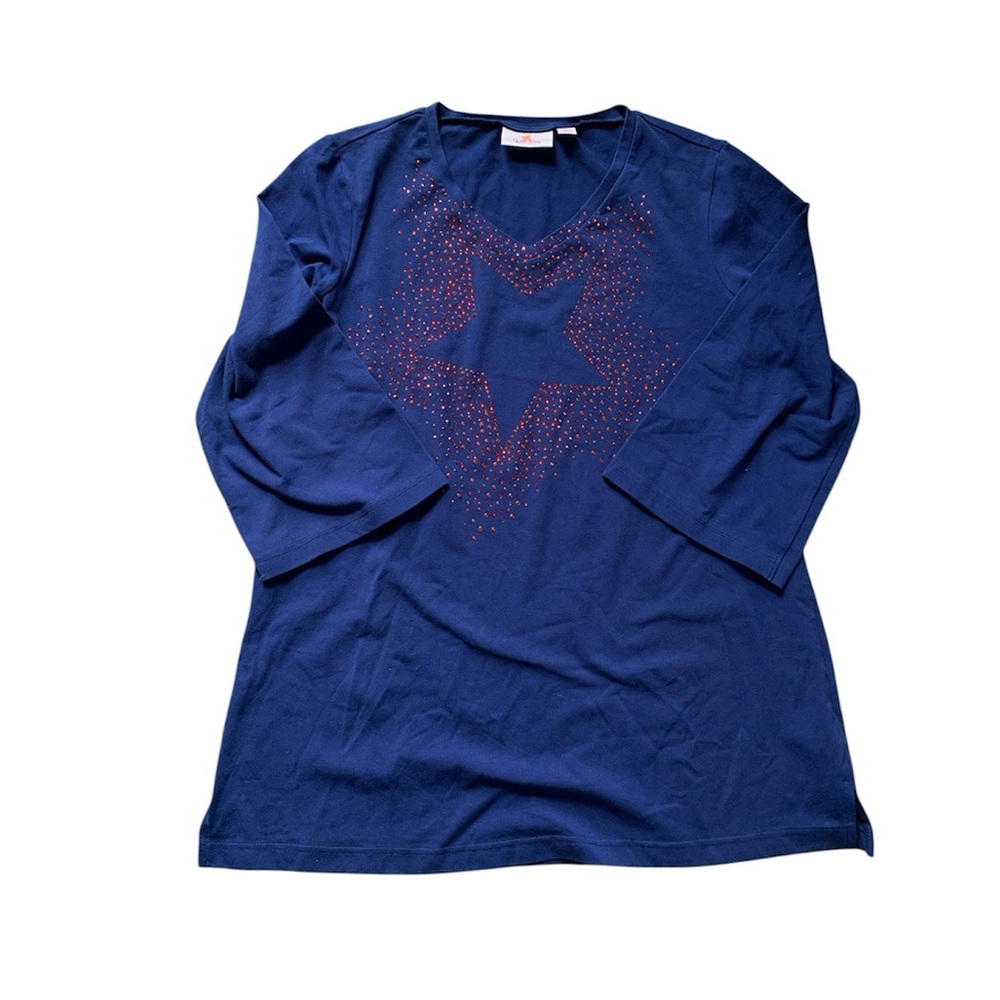 Quacker Factory Blue Top with Red Star Design M